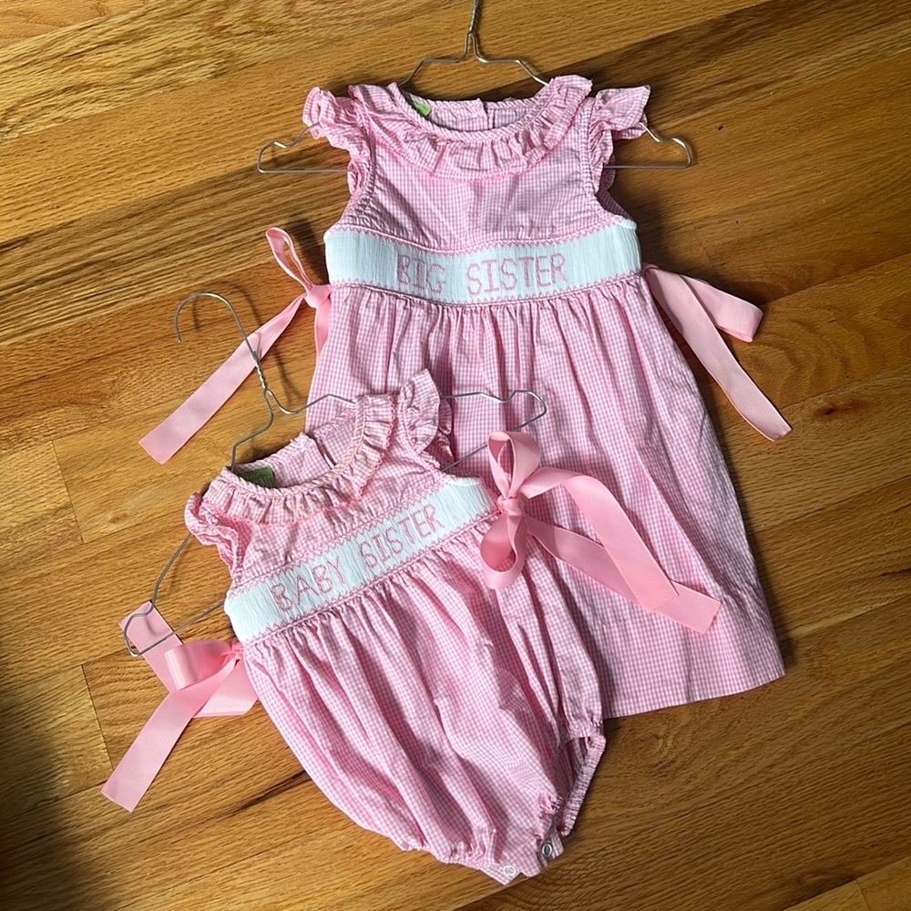 Pink Smocked Gingham Classic Whimsy “Big Sister” Little Sister Set